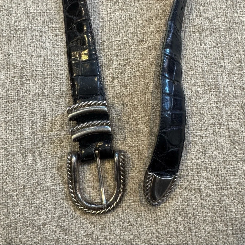 Vtg 1993 - Brighton - Alligator Embossed Leather Belt -Black & Silver - S/M